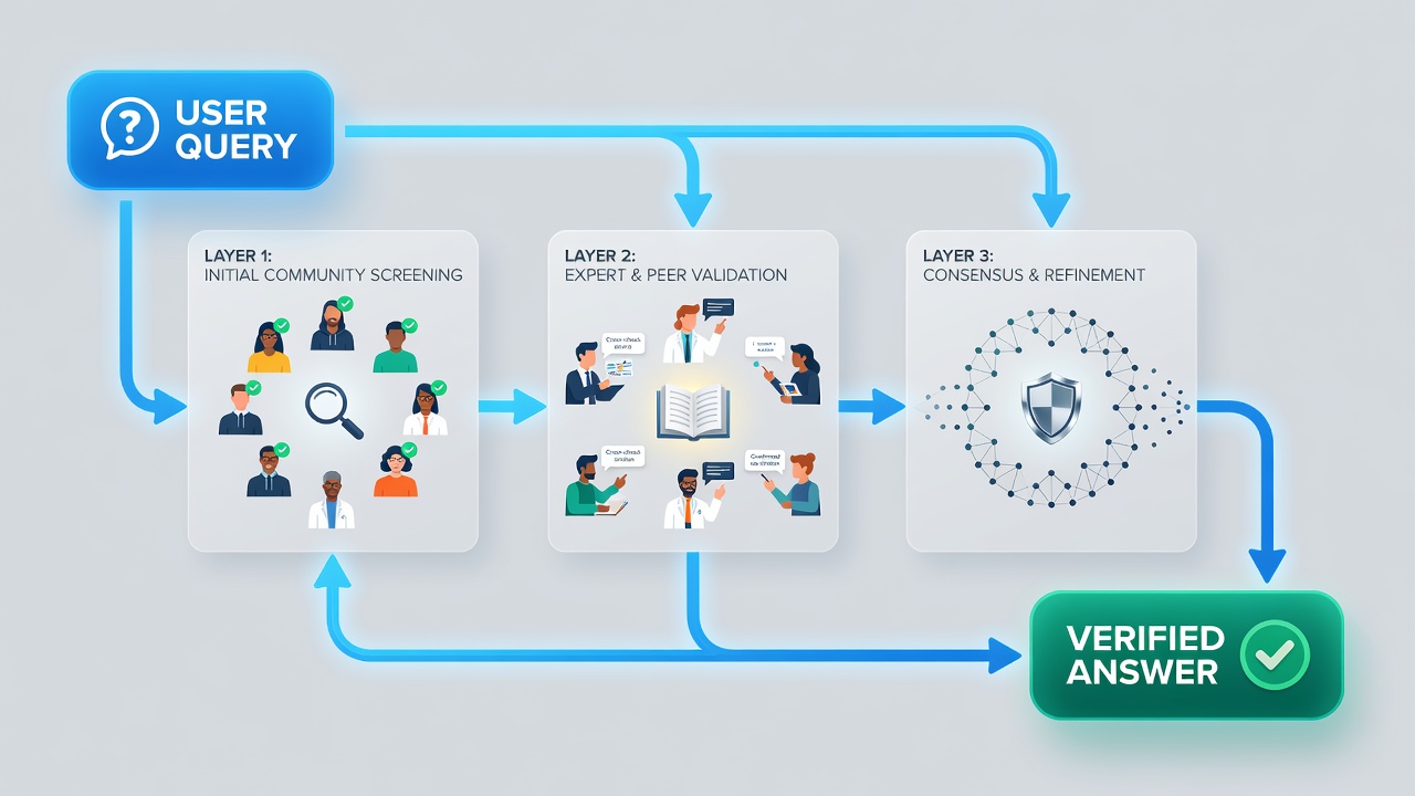 Flowchart depicting layered verification steps from question submission to final consensus in Q&A ecosystems